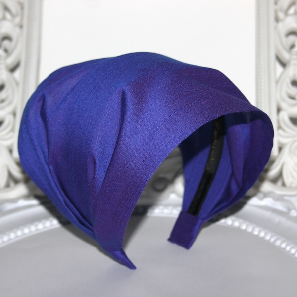 Iridescent headband for women Purple & Blue silk blend cotton head scarf, 6"-10" inch Extra wide head covering, Structured bandana headband