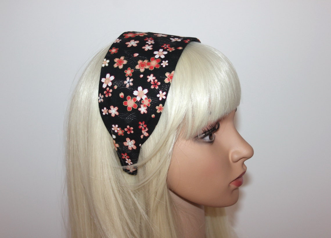 Japanese women headband Black & Coral wide hair band Flower Etsy