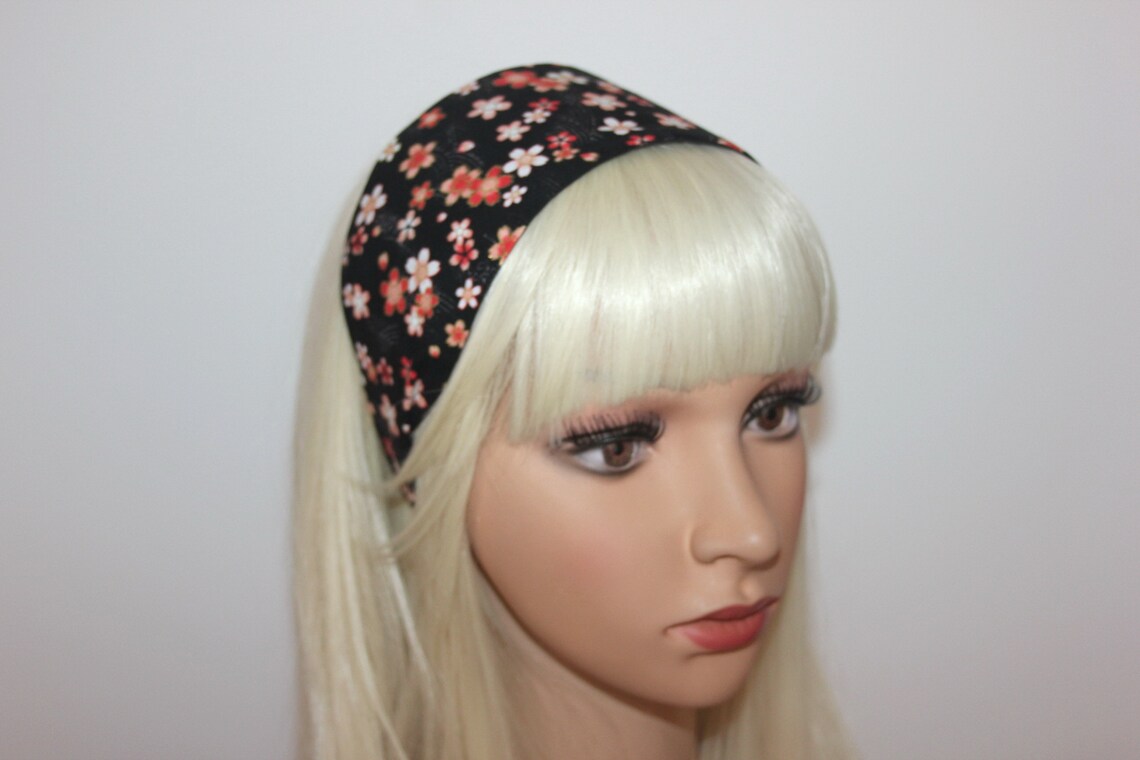 Japanese women headband Black & Coral wide hair band Flower Etsy