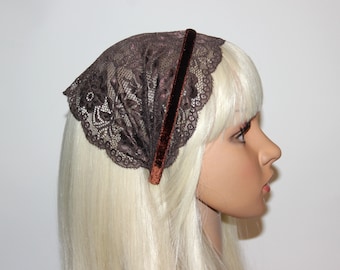 Dark Brown lace headband, Christian veil, Structured religious head cover, 7.2"inches adjustable, plastic free hairband