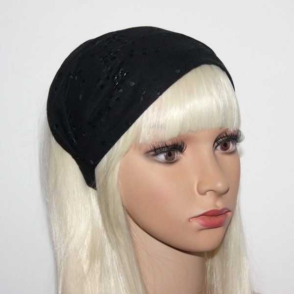 Floral linen bandana headband Black 6"-10" inch alopecia embroidered hairband for women, wide retro headpiece, comfy hippie headband