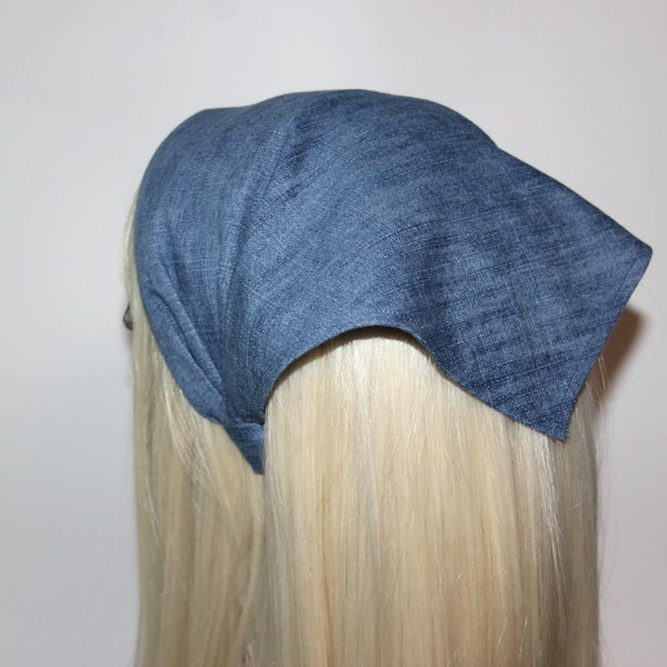 Denim hair kerchief Blue bandana headband, 10"/14" inch triangle alopecia head cover, hippie headpiece