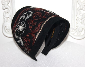 Embroidered wool bandana headband Black & Brown 6" inch warm hairband for women, wide retro headpiece, comfy hippie headband