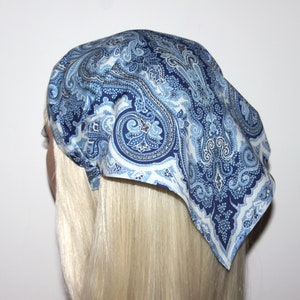 Damask head kerchief Blue & White cotton triangle bandana headband, 10"-14" inch, structured head covering, retro summer bandana