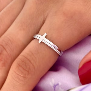 Christian Sideways Cross Ring Engravable With Clear Cubic Zirconia Stones, Mini Stackable Ring in Sterling Silver, Yellow or Rose Overlay.