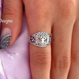 Celtic Tree Ring With Trinity Symbols, Thumb Ring for Man or Woman, Sterling Silver Antiqued Family Ring, Unisex Signet Ring, Tree of Life.