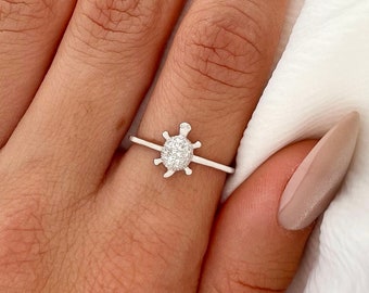 Turtle Ring With Cubic Zirconia Stones ~ Nature Ring, Turtle Jewelry, Stacking Baby Turtle Ring, Tiny Sea Turtle, Delicate Animal Jewelry.