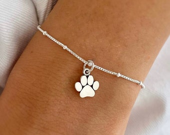 Paw Print Charm Bracelet in Sterling Silver. Mini Dog's Paw Bracelet, Cat's Paw Bracelet, Pet Anklet. Pet Memorial Gift ~ Dog Lover's.