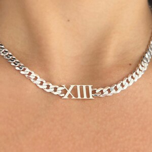 Personalized Roman Numeral Necklace. Custom Date Necklace - Choker. Unisex Necklace with Bold Curb Chain. Silver Numeral Necklace.