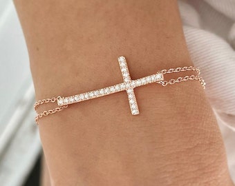 Sideways Cross Bracelet with Double Chain. Religious Bracelet For Women. Baptism Gift For Her ~ Adjustable bracelet with Zirconia Stones. ~