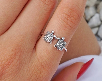Baby Turtles Ring, Tiny Sea Turtles, Delicate Animal Jewelry, Family Ring, Mother's Ring, Midi Ring In Sterling Silver, Rose Or Yellow Gold.