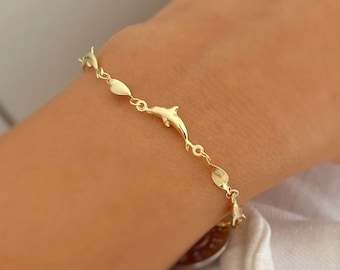 Dolphin Bracelet or Anklet In 14K Solid Yellow Gold. Marine Life & Ocean Inspired Jewelry For Women. Bracelet For Good Luck And Protection.