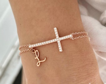 Sideways Cross Bracelet with Your Initial - Personalized Cross with Double Chain. Custom Religious Bracelet For Women. Baptism Gift For Her.