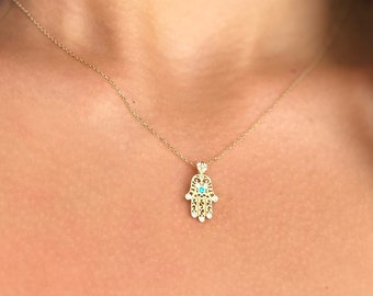 Hamsa Necklace 14K Solid Yellow Gold, Evil Eye Charm Necklace, Diamond Hamsa Necklace With Aquamarine, Hand Of Fatima Jewelry, Jewish Gift