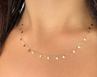 14K Yellow Gold Necklace, Multi-Heart Pendant. Real Gold Necklace, Heart Gold Necklace, Dangling Hearts Necklace For Women. Heart Station.