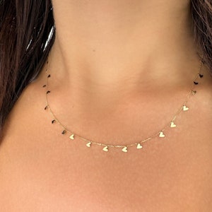 14K Gelbgold Halskette, Multi-Herz Anhänger. Echtes Gold Halskette, Herz Gold Halskette, Baumelnde Herzen Halskette für Frauen. Herzstation.