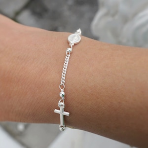 Bracelet chapelet Vierge Marie avec croix en argent sterling, or jaune ou rose, bracelet religieux pour enfants ou adultes, bracelet de prière