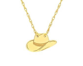 Mini Cowboy Hat Necklace. Hat Pendant. Country Style Necklace. Rodeo Necklace. Western Jewelry. ~  Adjustable In 14K Solid Yellow Gold.