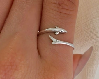 Bague dauphin, bague porte-bonheur, bague amoureux des animaux en argent, or jaune ou rose, bijoux dauphins, bague réglable, bijoux animaux ~ bague animal