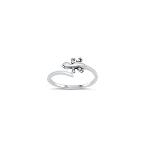 May include: A silver ring with a detailed gecko design. The ring is open and adjustable.