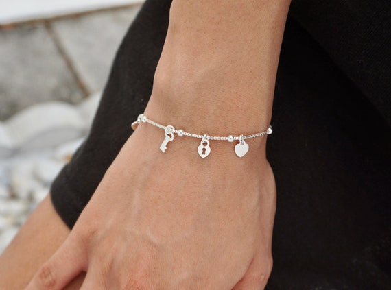 Heart Lock Key Bracelet. Sterling Silver Charm Bracelet for