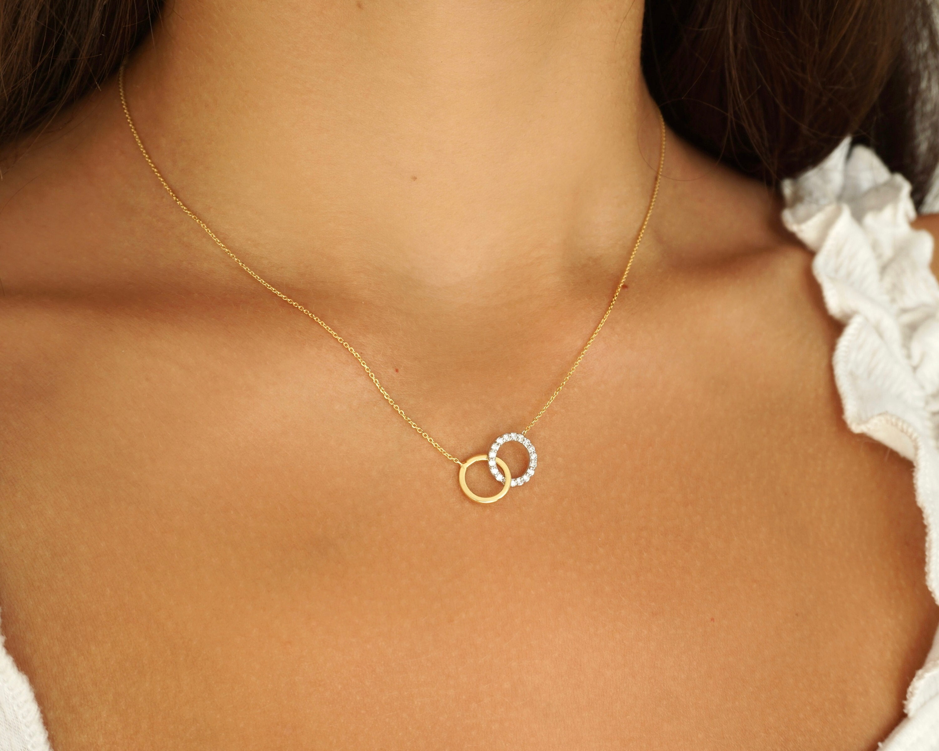 Interlocking Circles Necklace In 14k Solid White and Yellow Gold. Diamond Circle Pendant. Eternity Necklace. Two-Toned Diamond Necklace.