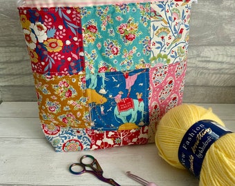 Beautiful handmade patchwork project bag made with Tilda celebration fabric