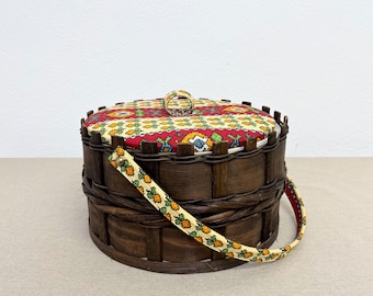 Sewing Basket with Fabric Covered Lid Vintage Woven Box Vintage Germany