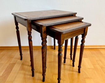 Nesting Table (set of 3) with top leather surface | Wooden Vintage Coffee & Side Table