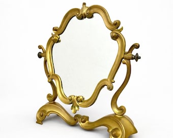 Antique Brass Vanity Mirror – Ornate Victorian Tilting Tabletop Boudoir Decor