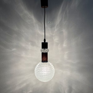 Pendant lamp Ball Pendant Light with ribbed glass and Wood imitation Elements Vintage 70s