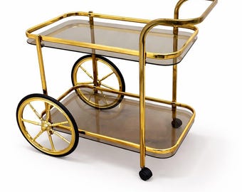 Vintage Hollywood Regency Brass Bar Cart, Two-Tier Smoked Glass Trolley