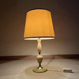 Table Lamp with Textile Beige Shade Marble Column and Brass Base Vintage 1980s