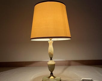 Table Lamp with Textile Beige Shade Marble Column and Brass Base Vintage 1980s