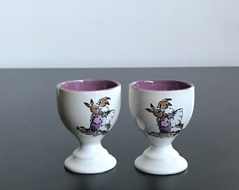 Set of 2 fine ceramic egg cups with cute rabbits