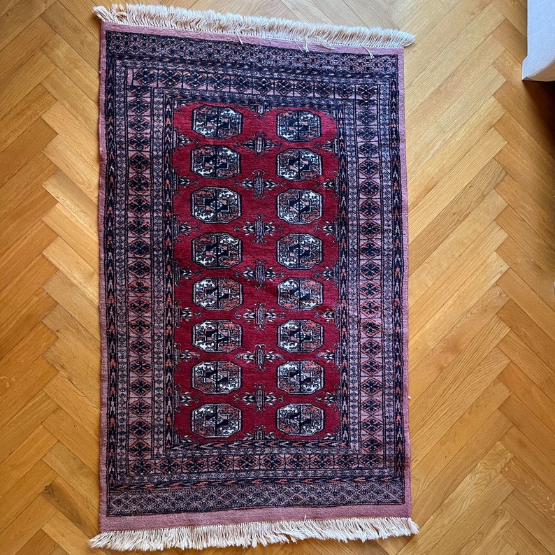 Handmade Wool Carpet with Fringes Original Vintage Oriental Rug image 1