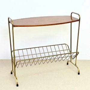 Side Table with Wooden Top Surface and Magazine Rack Vintage 1980s France