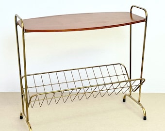 Elegant Side Table with Wooden Top Surface and Magazine Rack Vintage 1980s France