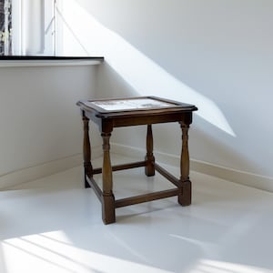 Small Four-legged Stool Wood Flower Stand with Tiles Top Indoor Vintage End Table 80s