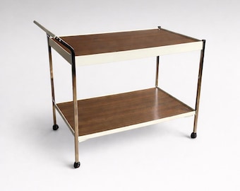 Vintage Mid Century Modern Bar Cart, Chrome Wood Serving Trolley, 2 Tier Cocktail Cart