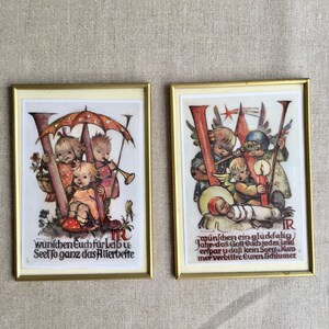 Set of 2 Vintage framed prints with Christmas kids/angels motif Framed wall art set of 2 Retro picture frames