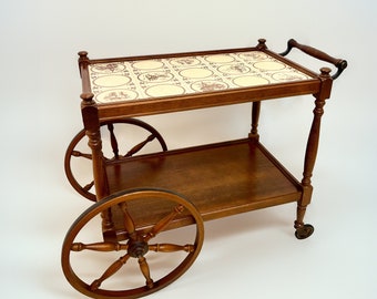 Wooden bar trolley with tiles decorated top surface vintage Germany 1980s