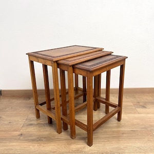 Nesting Table (set of 3) with wooden carved surface | Wooden Vintage Coffee & Side Table