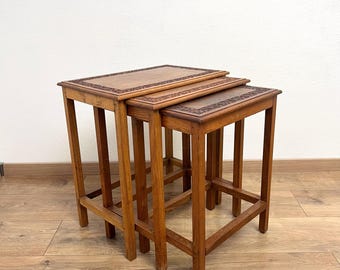 Nesting Table (set of 3) with wooden carved surface | Wooden Vintage Coffee & Side Table