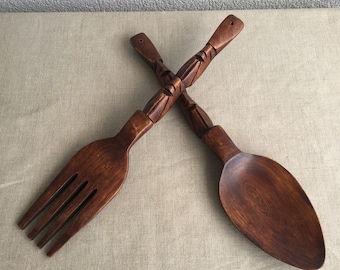 Fork and spoon Wall Kitchen decor Hand carved solid wood