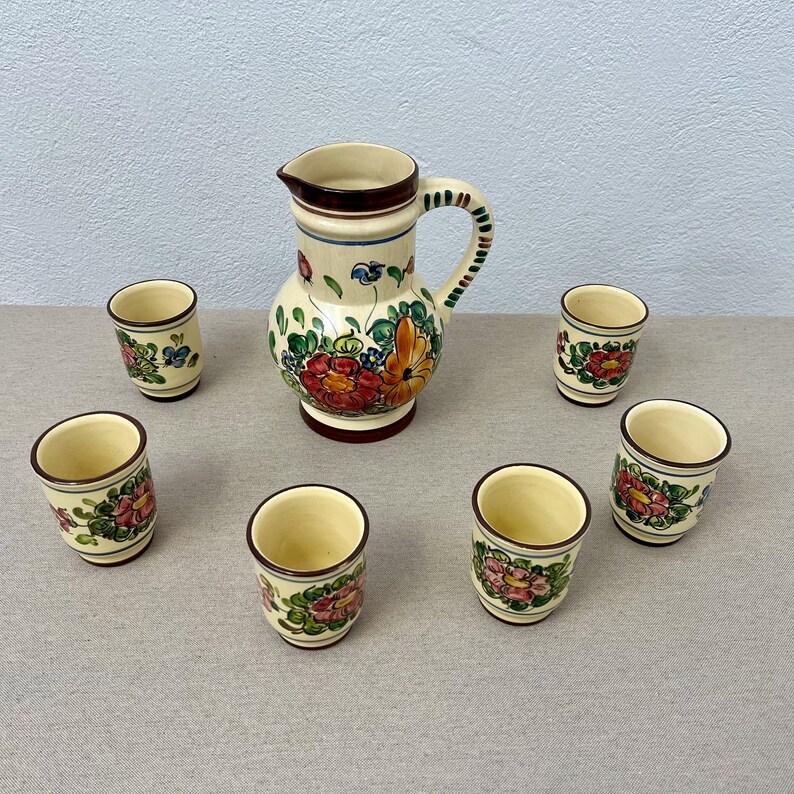 A Pretty Decorative Set of 1 Jug and 6 Cups Сeramic Pitcher Vintage ...