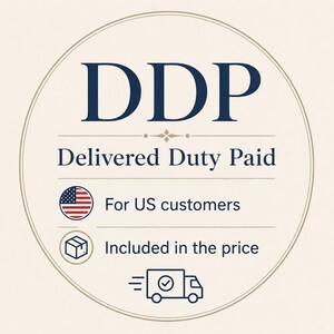 May include: A circular graphic with a cream background and a thin border. The text DDP Delivered Duty Paid is centered in dark blue. Below, a US flag icon precedes For US customers, and a box icon precedes Included in the price, with a delivery truck icon.