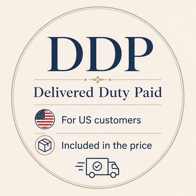 May include: A circular graphic with a cream background and a thin border. The text DDP Delivered Duty Paid is centered in dark blue. Below, a US flag icon precedes For US customers, and a box icon precedes Included in the price, with a delivery truck icon.
