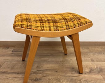Mid-Century Wooden Stool with a Mustard Woven Seat | Vintage Footstool | Retro Home Decor
