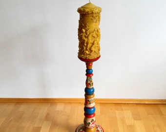 キャンドルスティックピラー H 92 cm 花のカラフルな装飾 手描きのヴィンテージ木製キャンドルホルダー